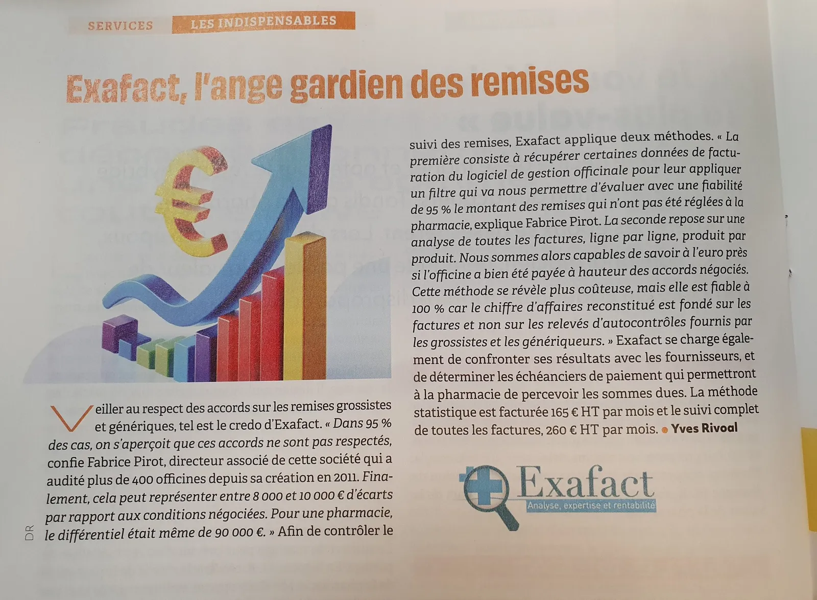 Page du Moniteur des pharmacies n° 3499 avec l’article « Exafact, l’ange gardien des remises »